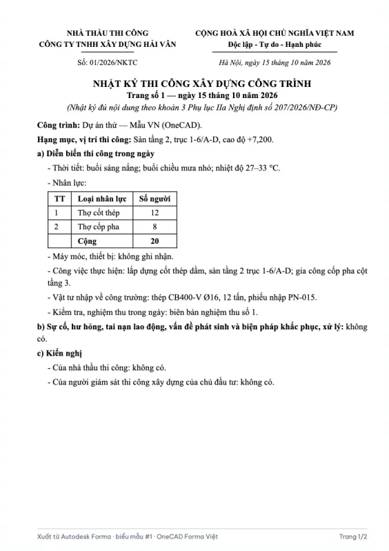 Trang 1 bản in nhật ký thi công theo thể thức: quốc hiệu, tiêu ngữ, số hiệu, nội dung theo Phụ lục IIa NĐ 207/2026