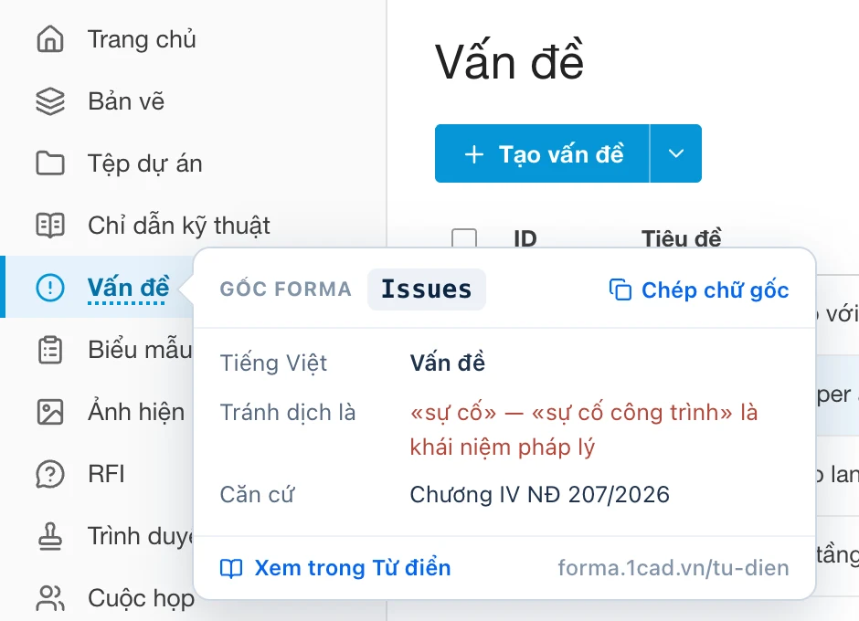 Rê chuột vào chữ «Vấn đề» trong Forma: ô chú giải hiện chữ gốc Issues, cách dịch nên tránh và căn cứ Chương IV NĐ 207/2026