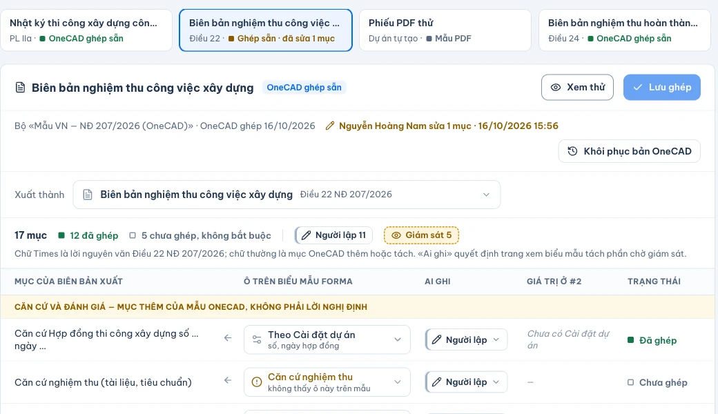 Màn Ghép biểu mẫu: hàng thẻ mẫu của dự án, bảng mục biên bản và ô trên biểu mẫu Forma