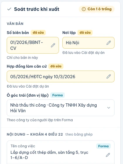 Khung Soát trước khi xuất: ô đã sửa, ô lấy từ Forma, số ô còn trống