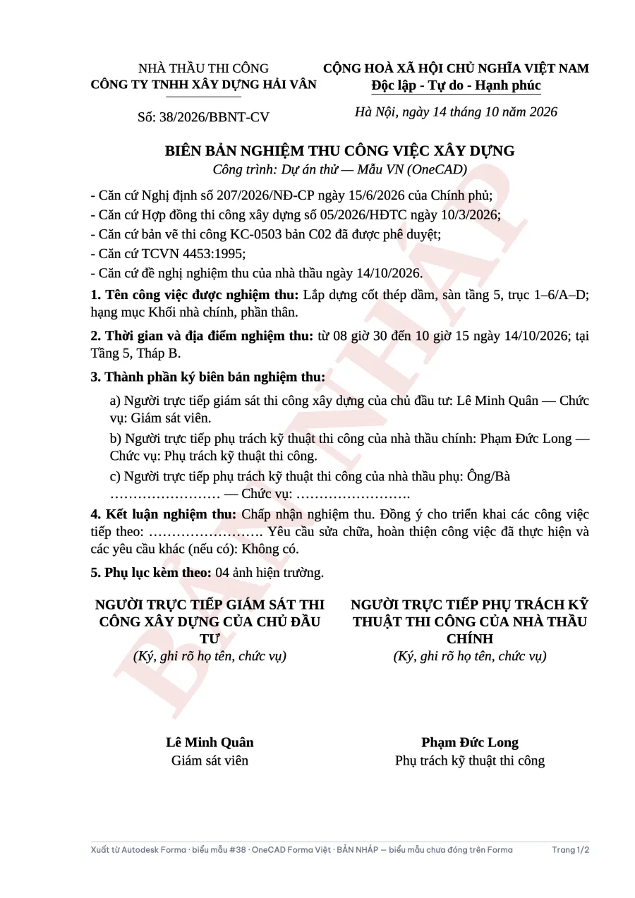 Trang đầu biên bản nghiệm thu công việc xây dựng theo Điều 22 bản PDF