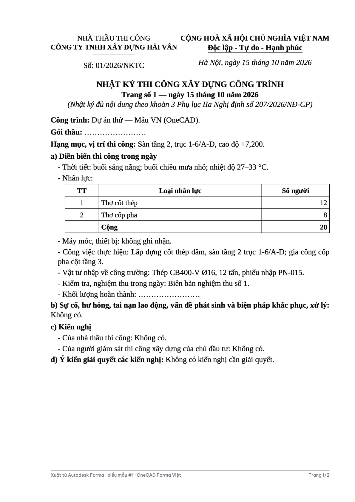 Trang 1 nhật ký thi công OneCAD xuất từ dự án thử